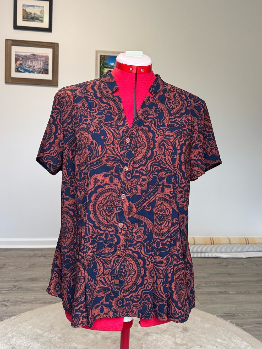 croft & barrow Navy and Rust Paisley Short Sleeve Button-Down Shirt